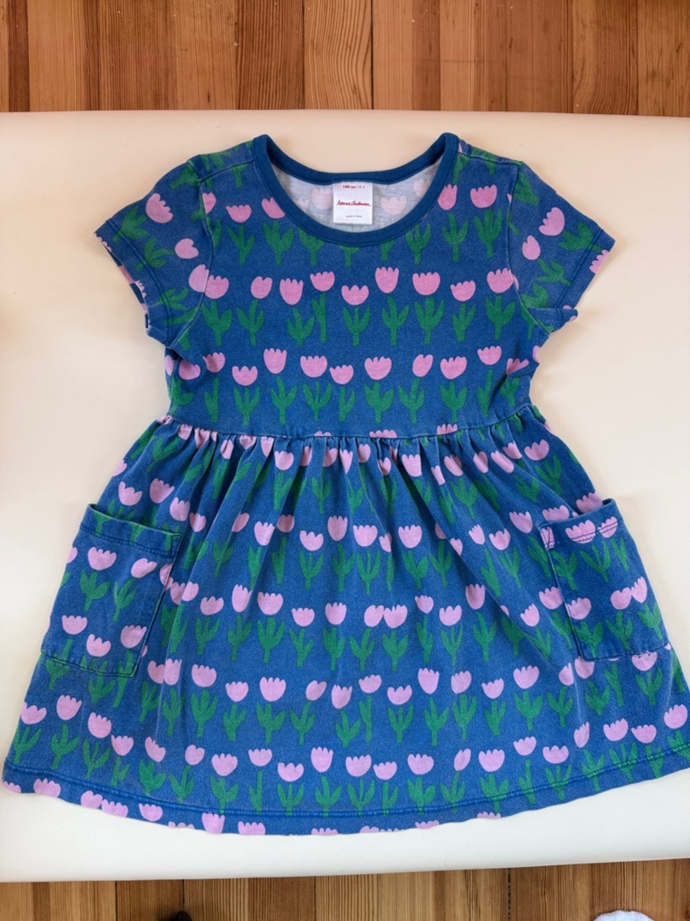 Hanna Andersson Blue Dress with Pink Tulip Print